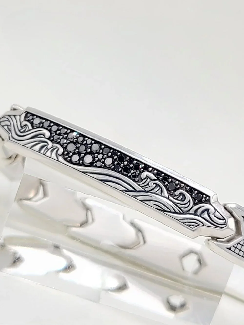 David Yurman Waves ID Link Bracelet w/ Pavé Black Diamonds - 9mm - Size Medium